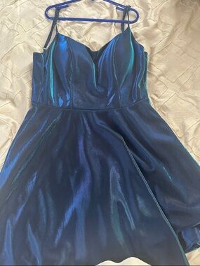 B. Smart Shimmery Blue Iridescent Fit-and-Flare Dress